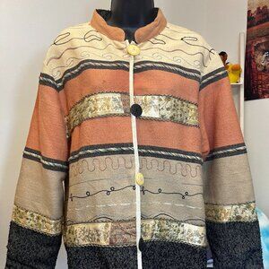 Vintage 90s Think Positive Mixed Textile Patchwork Art Jacket Button Front Size